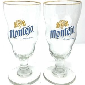 (6) Montejo Cerveza Clara Pint Beer Glasses-Bar, Pub, Gold Rim, Mexican NEW